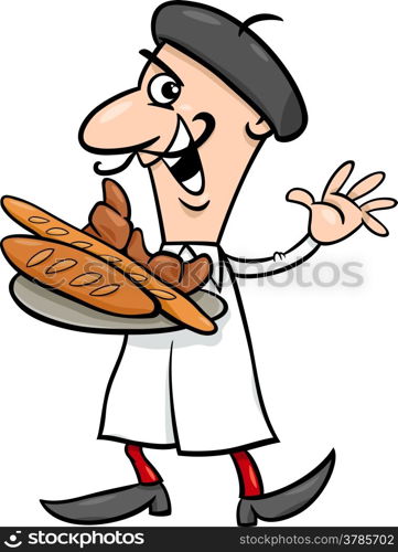 Cartoon Illustration of Funny French Baker or Cook with Croissant and Bread