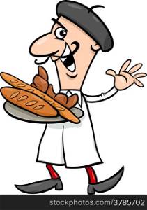 Cartoon Illustration of Funny French Baker or Cook with Croissant and Bread