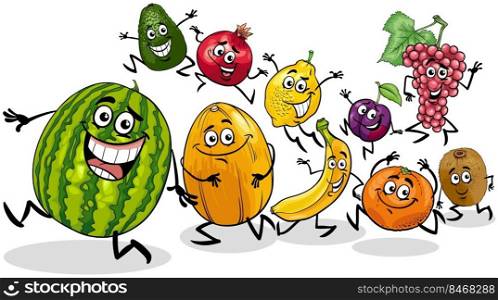 Cartoon illustration of funny fruit comic characters group