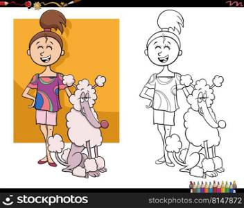 Cartoon illustration of funny girl with her poodle dog coloring page