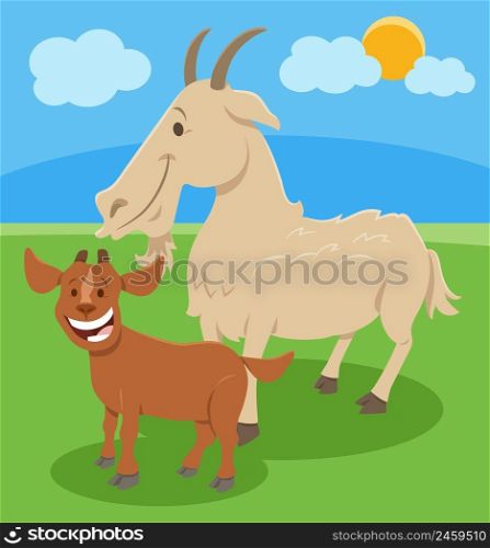 Cartoon illustration of funny goat farm animal character with little kid