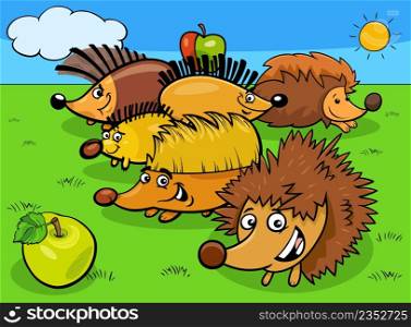 Cartoon illustration of funny hedgehogs animal characters group