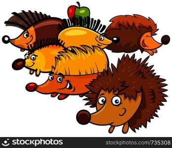 Cartoon Illustration of Funny Hedgehogs Wild Animal Characters Group