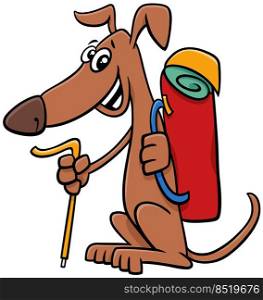 Cartoon illustration of funny hiker dog animal character with a backpack