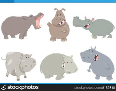 Cartoon illustration of funny hippos wild animals comic characters set