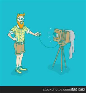 Cartoon illustration of funny hipster taking a selfie on a vintage antique old photograph camera