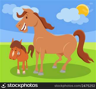 Cartoon illustration of funny horse farm animal character with colt