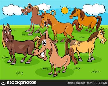 Cartoon illustration of funny horses farm animal characters group
