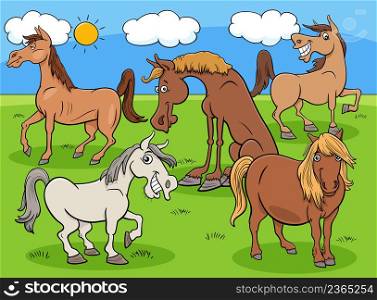 Cartoon illustration of funny horses farm animal characters group in the meadow