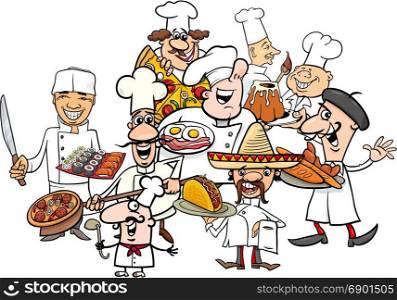 Cartoon Illustration of Funny International Cuisine Chefs Group with Food Dishes