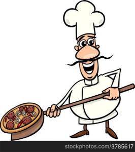 Cartoon Illustration of Funny Italian Cook or Chef with Pizza