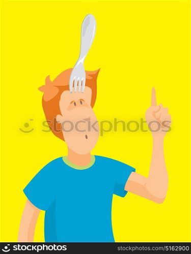Cartoon illustration of funny man stabbed with fork on his head