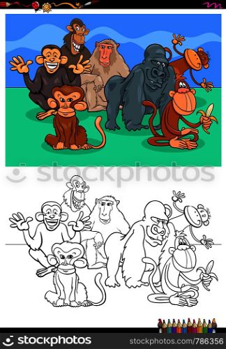 Cartoon Illustration of Funny Monkeys and Apes Animal Characters Coloring Book Activity