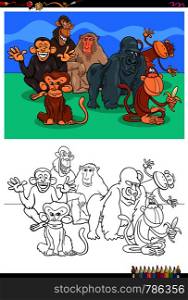 Cartoon Illustration of Funny Monkeys and Apes Animal Characters Coloring Book Activity