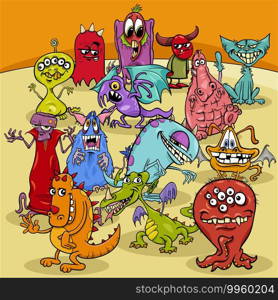 Cartoon illustration of funny monsters fantasy characters group