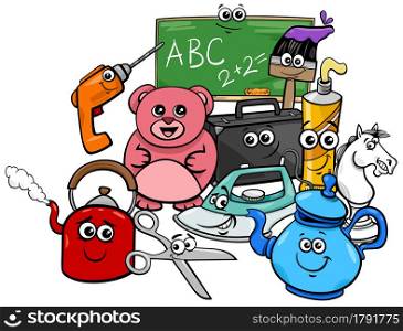 Cartoon illustration of funny objects characters group