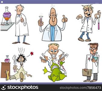 Cartoon Illustration of Funny or Crazy Scientists doing Experiments