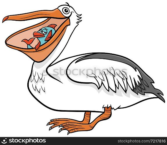 Cartoon illustration of funny pelican bird animal character with fish