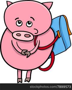 Cartoon Illustration of Funny Pig Animal Character Going to School with Satchel