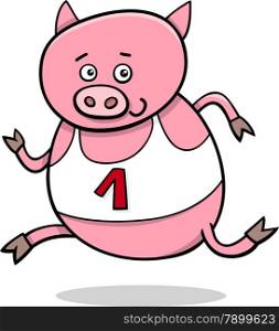 Cartoon Illustration of Funny Pig Animal Character Running on Physical Education Lesson