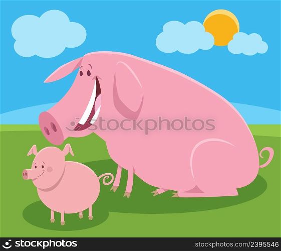 Cartoon illustration of funny pig farm animal character with cute piglet