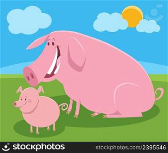 Cartoon illustration of funny pig farm animal character with cute piglet