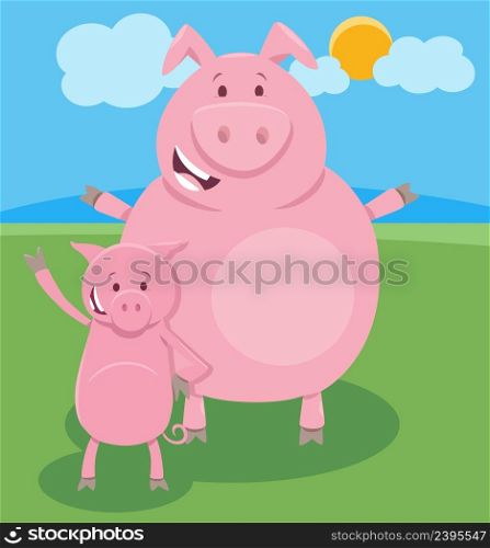 Cartoon illustration of funny pig farm animal character with little piglet