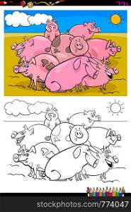 Cartoon Illustration of Funny Pigs Farm Animal Characters Coloring Book Activity