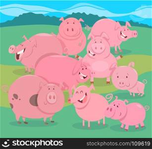 Cartoon Illustration of Funny Pigs Farm Animal Comic Characters Group