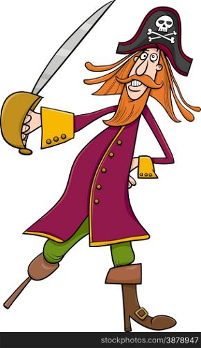 Cartoon Illustration of Funny Pirate or Corsair Captain with Saber and Jolly Roger Sign