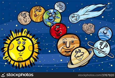 Cartoon Illustration of Funny Planets of Solar System Space Mascot Characters Group