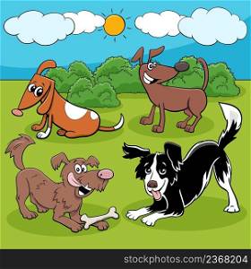 Cartoon illustration of funny playful dogs animal characters group