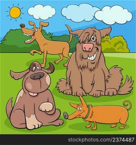 Cartoon illustration of funny playful dogs animal characters in the park