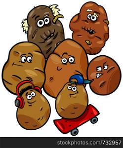 Cartoon Illustration of Funny Potatoes Vegetable Food Characters Family Group