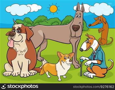 Cartoon illustration of funny purebred dogs and puppies comic animal characters group