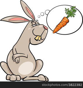 Cartoon Illustration of Funny Rabbit Dreaming about Carrot