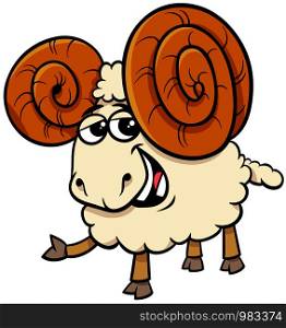 Cartoon Illustration of Funny Ram Sheep Farm Animal Character