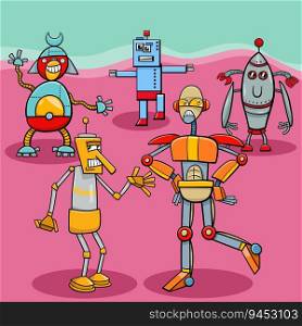 Cartoon illustration of funny robots and droids comic characters group