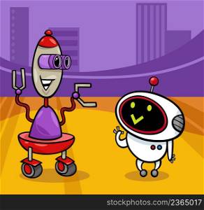 Cartoon illustration of funny robots characters talking