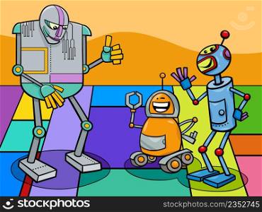 Cartoon illustration of funny robots comic characters group