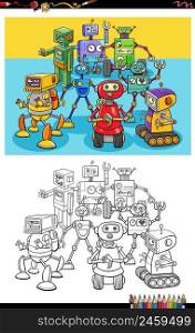 Cartoon illustration of funny robots comic characters group coloring book page