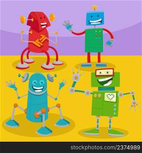 Cartoon illustration of funny robots or droids fantasy characters group