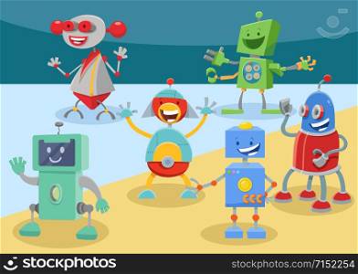 Cartoon Illustration of Funny Robots or Droids Science Fiction Characters Group