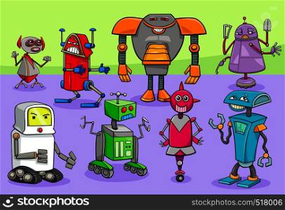 Cartoon Illustration of Funny Robots Science Fiction Characters Group