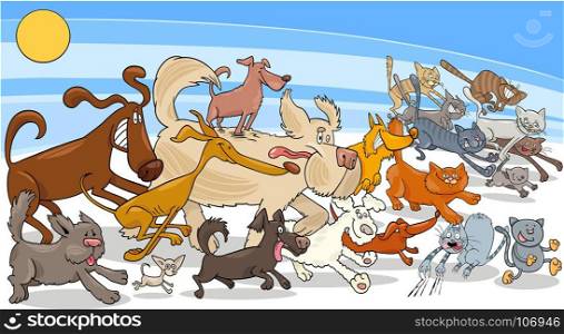 Cartoon Illustration of Funny Running Dogs and Cats Animal Characters Group