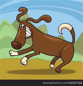 Cartoon Illustration of Funny Running Playful Dog against Rural Scene