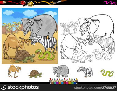 Cartoon Illustration of Funny Safari Wild African Animals Group for Coloring Book with Elements Set