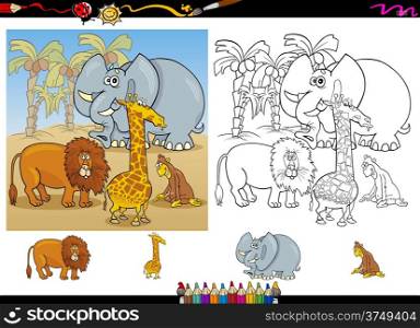 Cartoon Illustration of Funny Safari Wild Animals Group for Coloring Book with Elements Set