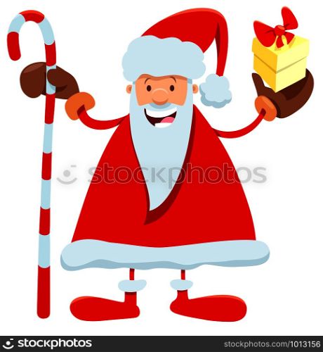 Cartoon Illustration of Funny Santa Claus Character with Bag Christmas Present and Cane