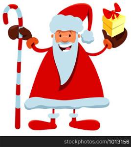 Cartoon Illustration of Funny Santa Claus Character with Bag Christmas Present and Cane